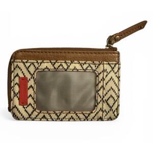 Fossil Coated Canvas Credit Card ID Wallet Keychain Coin Purse Beige Red Pattern